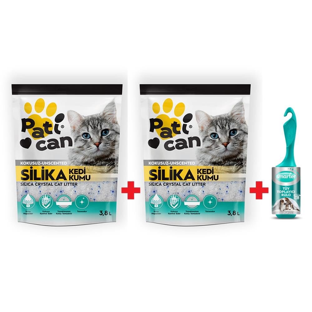 PATİCAN 2 ADET SİLİKA KEDİ KUMU 3.8 LT + SMARTER TÜY TOPLAYICI RULO