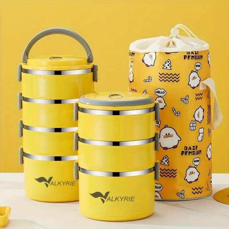 Valkyrie 4 Gözlü Çelik Penguen Desenli Sarı Termal Bento Kutusu Çocuklar İçin Şirin
