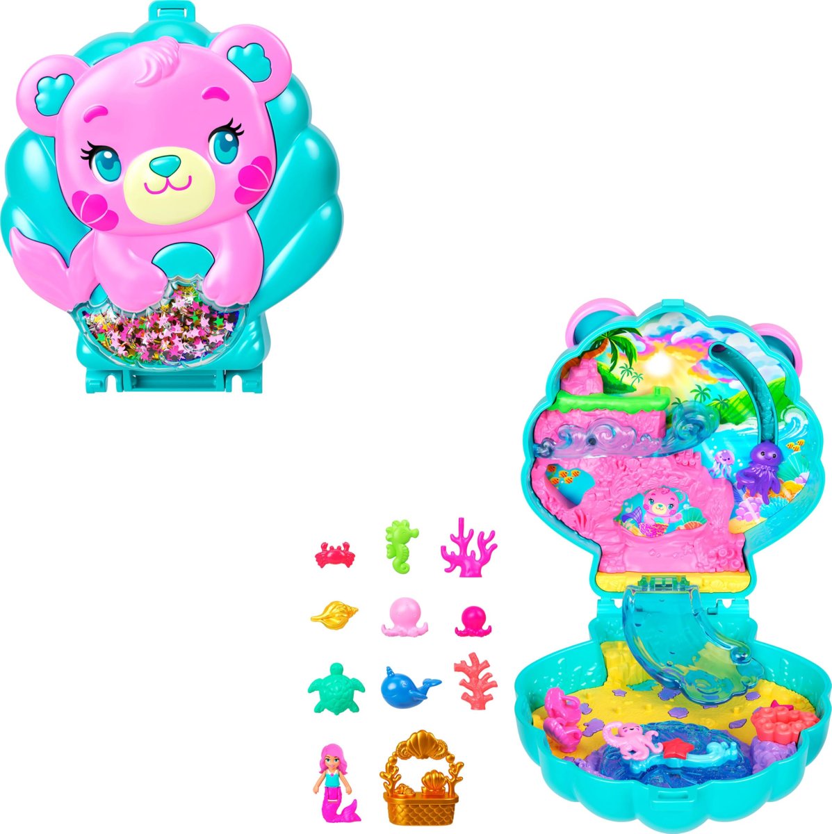 Polly Pocket bebekler ve oyun seti, Işıltılı Ada taşınabilir mini oyun seti, 1 mikro deniz kızı bebe