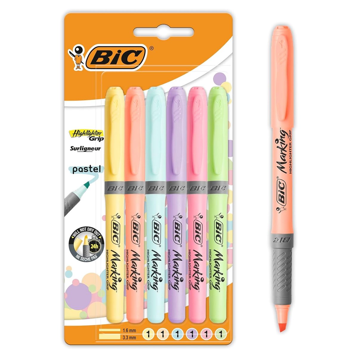 BIC Intensity Highlighter Grip Pastel Marker Fosforlu Kalem 6'lı Blister, Su Bazlı Mürekkep, 6 Pastel Renk, Kauçuk Tutaçlı