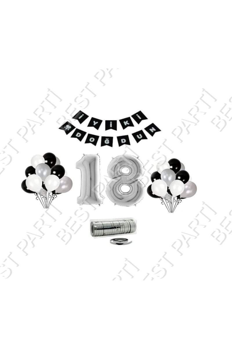 Rafya İpli 18 Yaş Gümüş Folyo Balon Set Doğum Günü