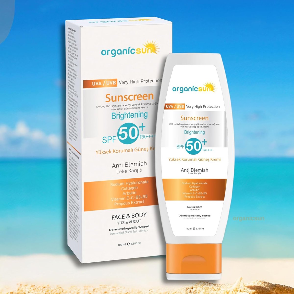 Organicsun Spf 50+ Yüz ve Vücut Güneş Kremi 100ML – Leke Karşıtı, Yüksek Korumalı, Suya Dayanıklı, Her Cilt tipine uygun, Vegan