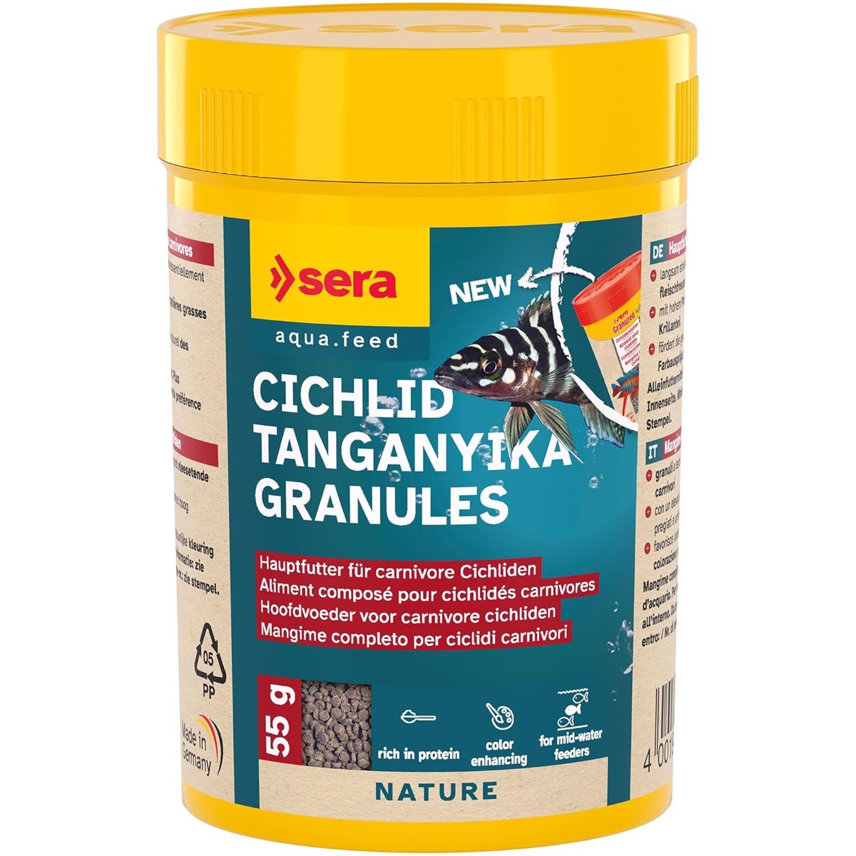 sera Granured Nature 100 ml (55 g) - Küçük carnivore çiklitler için ana yem, Malavi ve Tanganika için yem
