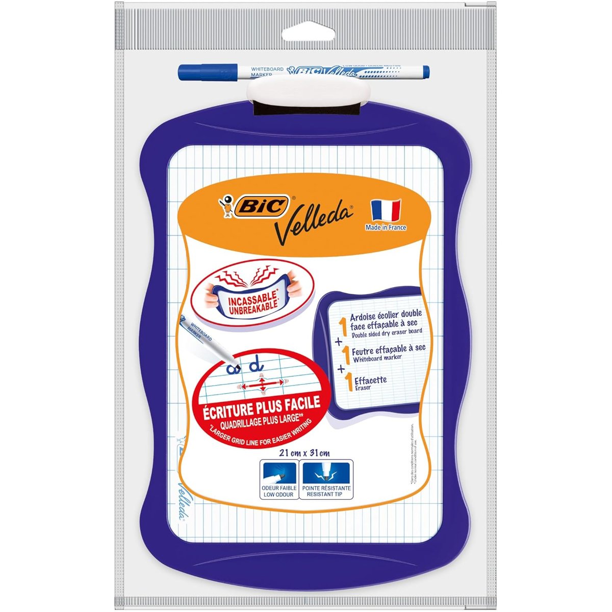 BIC Velleda Mini Beyaz Tahta, Kalem 1721, Silgi, 20 x 30 cm. Yazı Tahtası, Mavi Kalem ve Silgi ile Birlikte