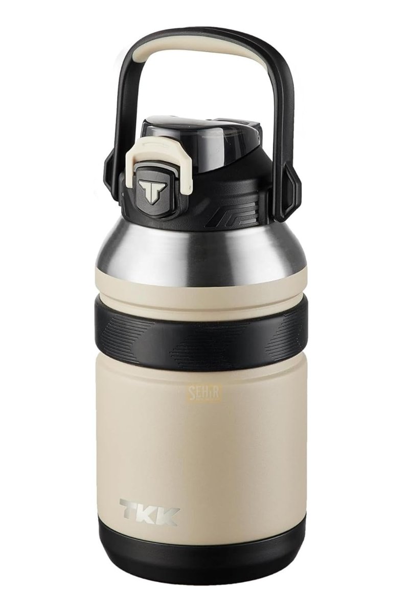 TKK Mega Boy 1500ml Pipetli/Pipetsiz Kullanım Askılı Paslanmaz Çelik Termos Matara (Bej)