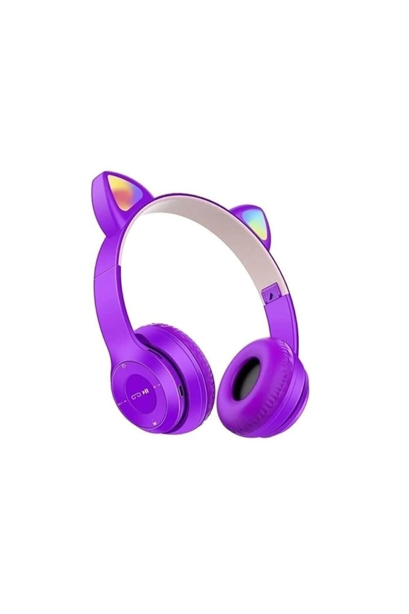teknosepetim p47m Kedili Katlanabilir Kulak Üstü Kablosuz Bluetooth 5.0 Kulaklık Ledli Çocuk Kulaklık Mor