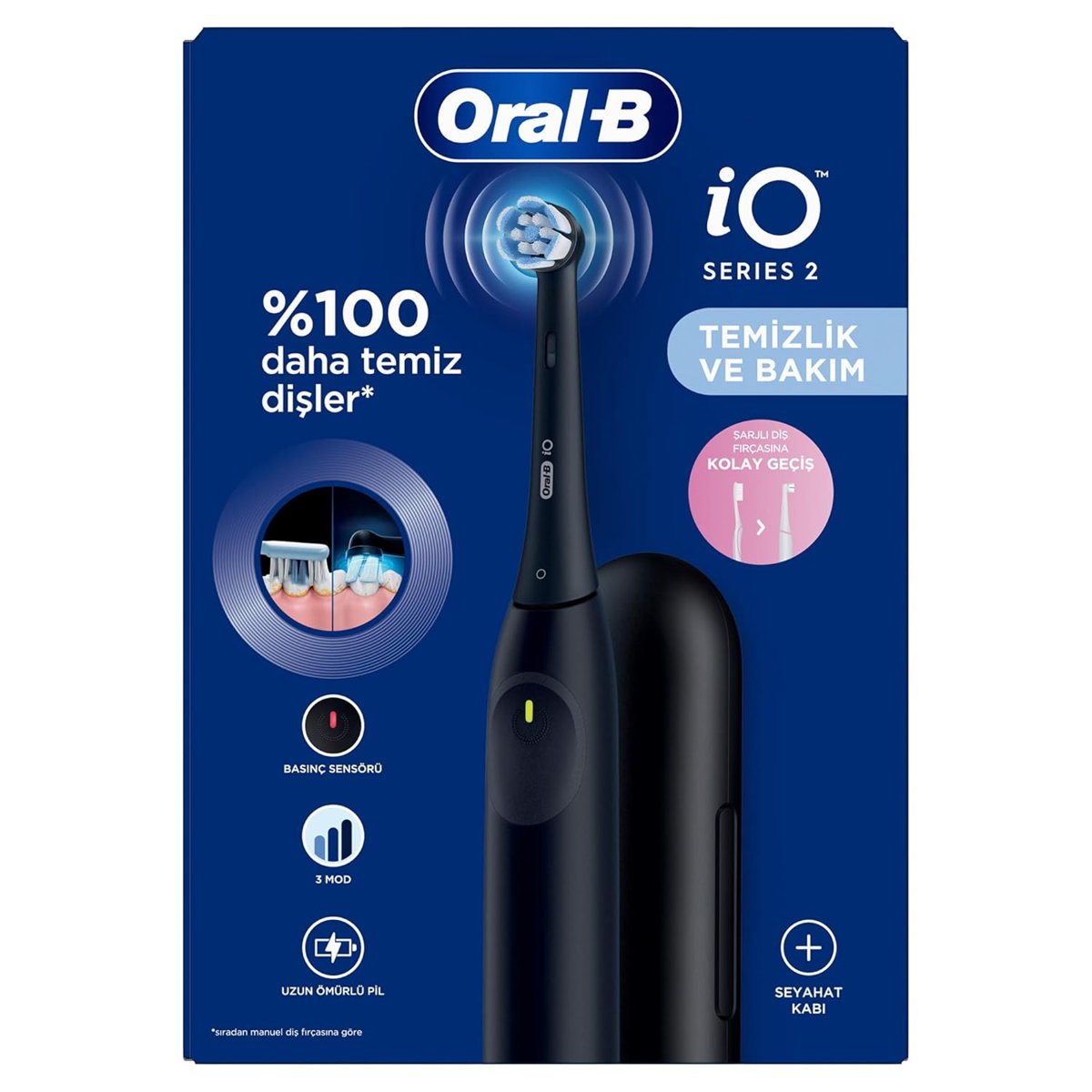Oral-B iO2 Siyah Şarjlı/Elektrikli Diş Fırçası, 1 Fırça Başlığı, Tek Şarjda 4 Haftaya Varan Kullanım