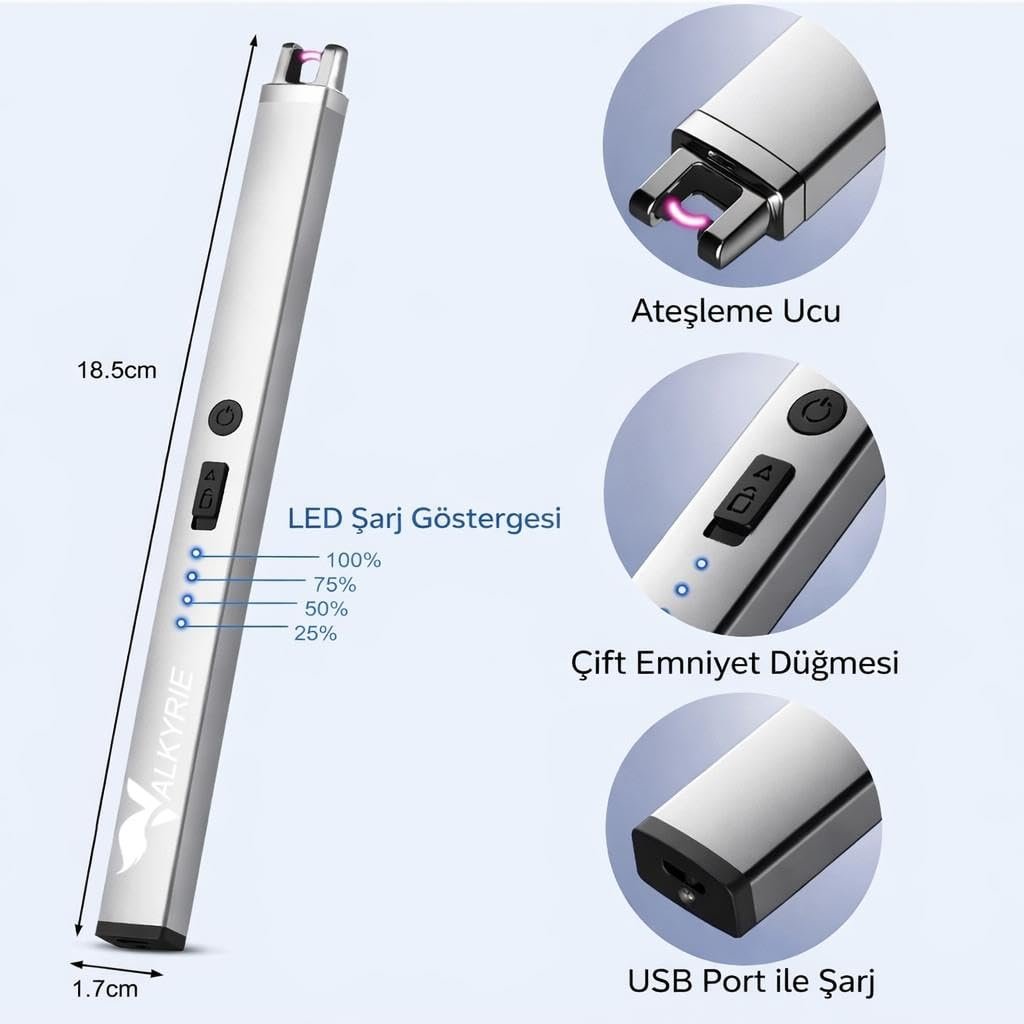 Valkyrie USB Şarjlı Elektrikli Arc Çakmak | Mum İçin | Gazsız | Rüzgar Kırıcı | Çift Emniyetli | Gümüş Renk