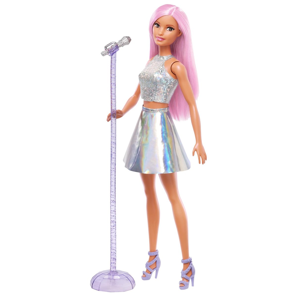 Barbie Pop Yıldızı Bebek ve mikrofon Parlak etek giyen, pembe saçlı, 3-7 yaş arası için hediye, JCW42