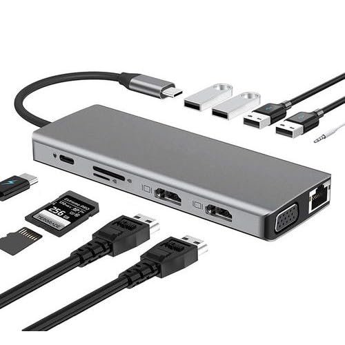 Coverzone 12in1 Dock Station 2 Adet HDMI Uyumlu 1000 Mbps 4K USB C Adaptörü USB 3.0 VGA RJ45 Pd Için