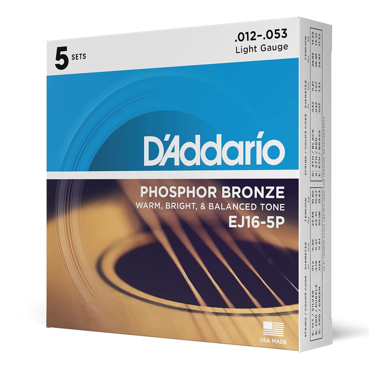 D'Addario Gitar telleri Western gitar telleri - gitar telleri akustik gitar - akustik gitar telleri - EJ16-5P - Light, 12-53 - 5 adet