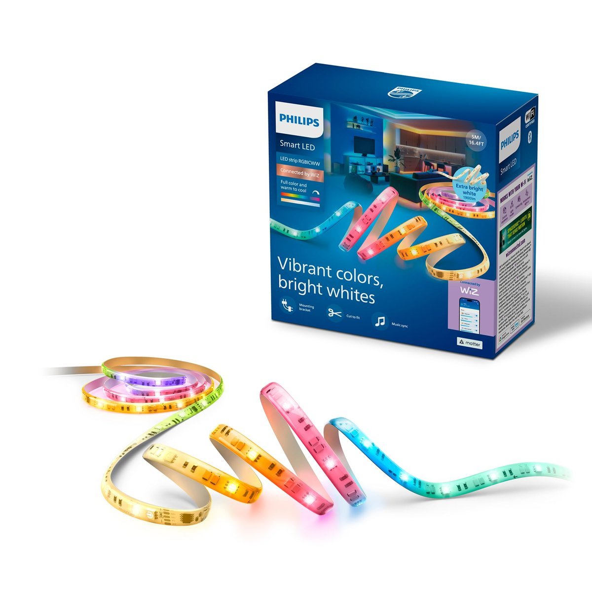 Philips Smart Lighting RGBICWW LED şerit, 5 m, Tip C, çok renkli renk geçişleri, ayarlanabilir beyaz ışık, ortam ışığı, WiZ, Alexa, Google Home, Apple Home ile bağlanır, tekli paket