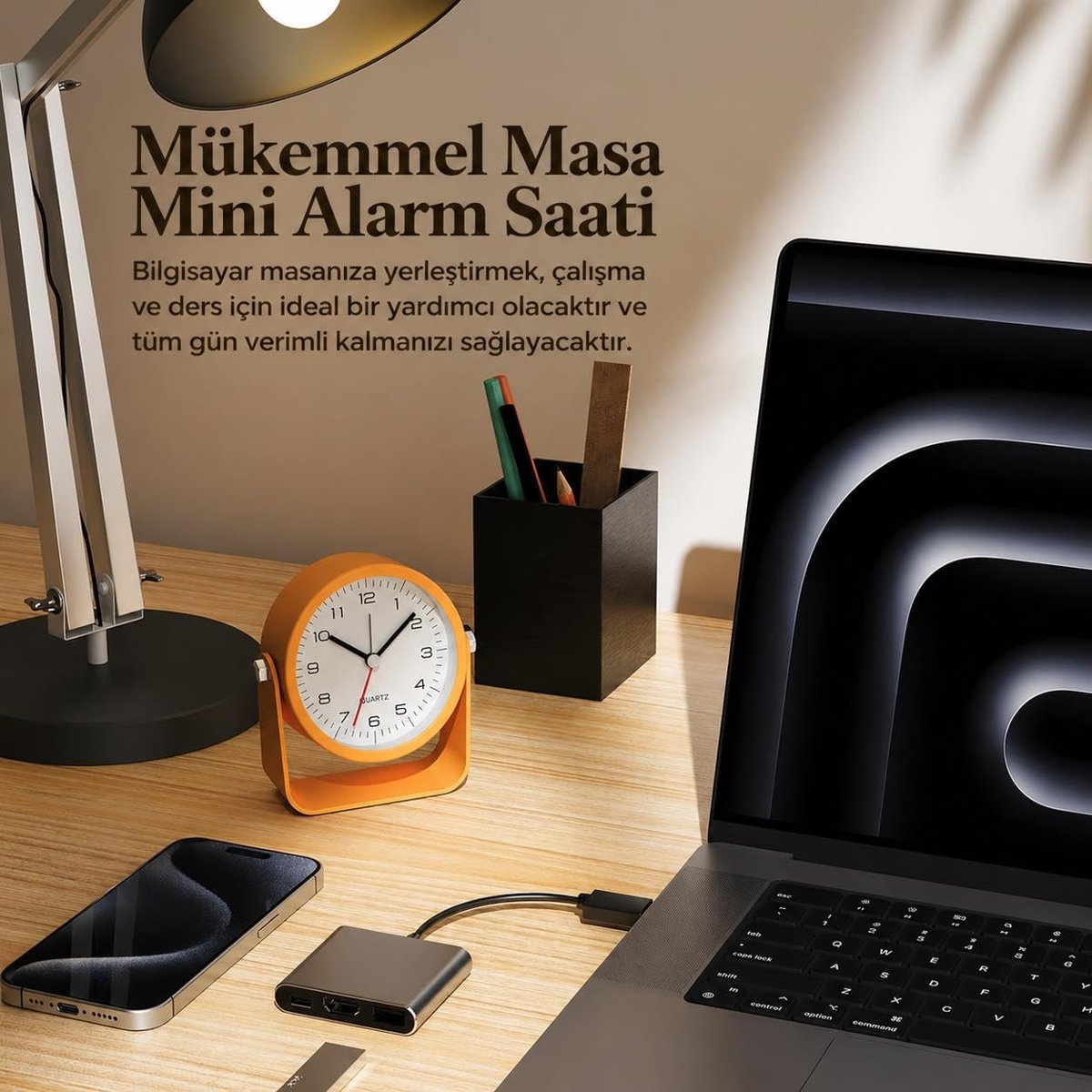 Valkyrie Sessiz Çalışan Mini Masa Saati | Akıcı Mekanizma, Gece Işıklı, Şık Dekoratif Sarı
