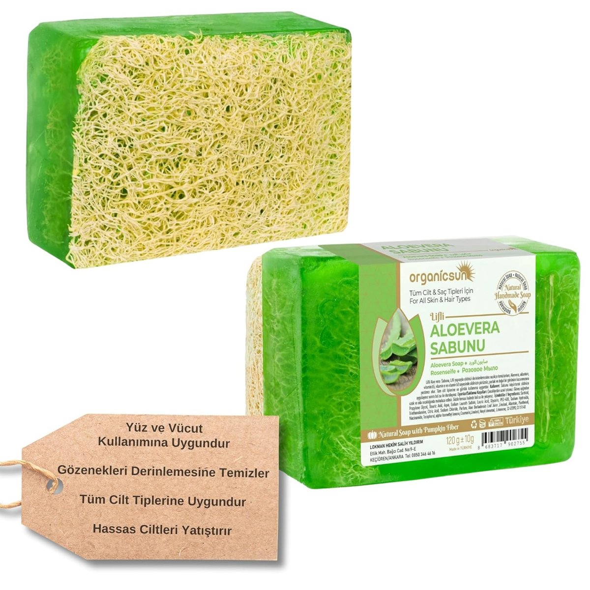 Organicsun Doğal Kabak Lifli Aloe Vera Sabunu 120 Gr 1 Adet Tüm Cilt Tipleri İçin B ve E Vitaminli