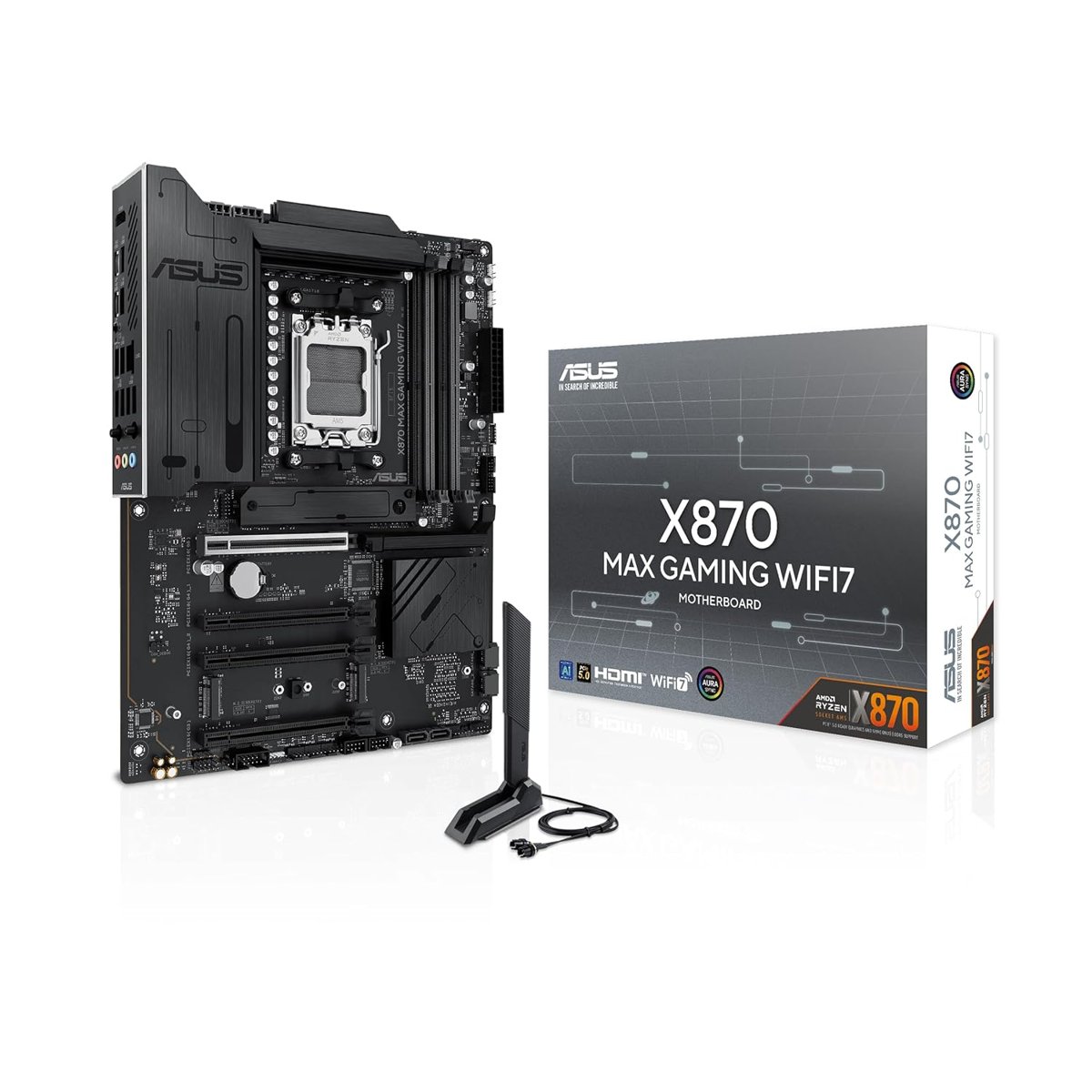 ASUS X870 MAX GAMING WIFI7 AMD X870 AM5 DDR5 8000 HDMI 2xUSB4 3x M2 USB3.2 WiFi 7 + BT AURA RGB 5Gbit LAN ATX 12+2+1 Güç Aşamaları, Çift USB4, 3xM.2 slot, Advanced AI PC-Ready