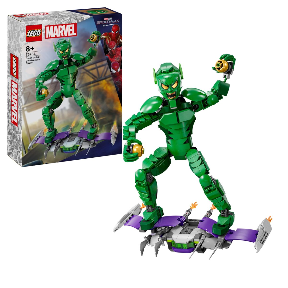 LEGO Marvel Green Goblin Yapım Figürü 76284 – 8 Yaş ve Üzeri Çocuklar için Süper Kahraman Hediyesi Fikri, 2 Bal Kabağı Bombası Dahil Orijinal Aksesuarlar İçeren Yaratıcı Oyuncak Yapım Seti (471 Parça)