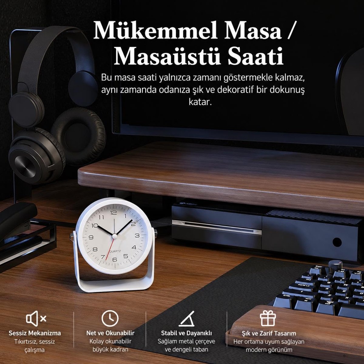 Valkyrie Sessiz Çalışan Mini Masa Saati | Akıcı Mekanizma, Gece Işıklı, Şık Dekoratif Beyaz