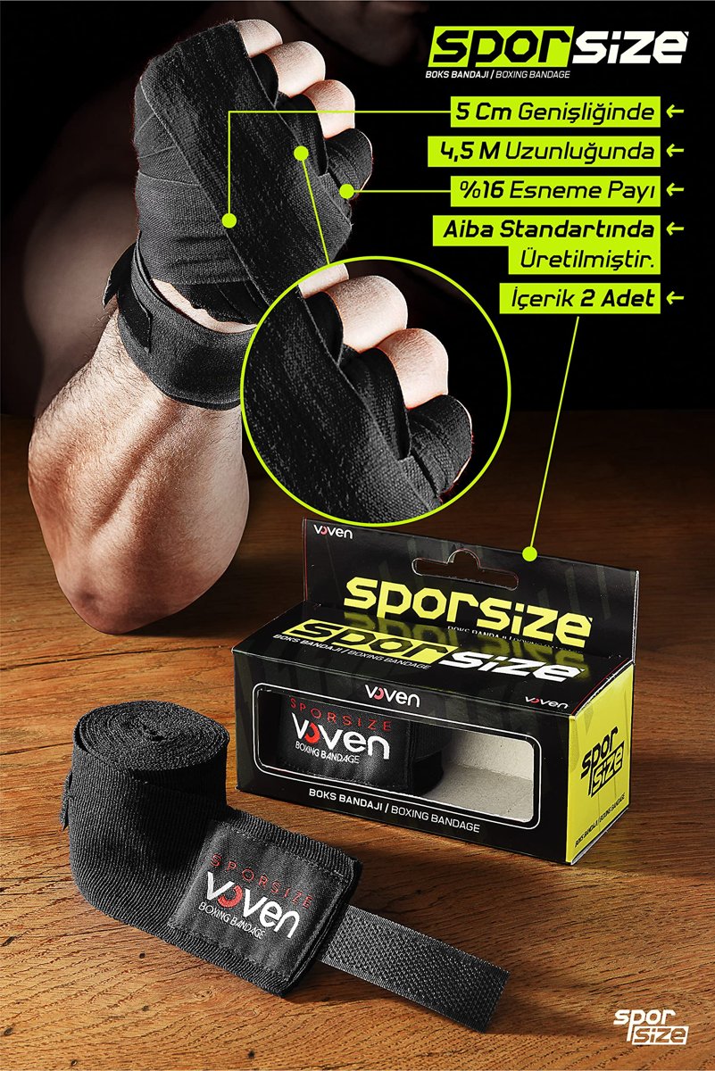 Sporsize Voven Boxing Muay Thai Bandage Black Boks Bandajı Muay Thai Bandajı El Sargısı Tüm Ebatlar,