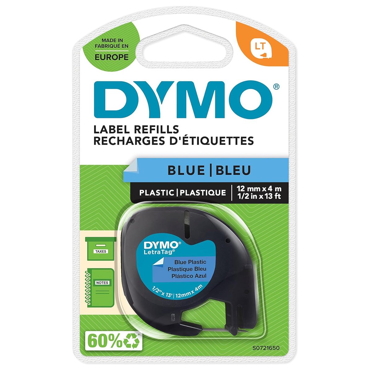 Dymo S0721650, LetraTag Plastik Şerit (12 mm X 4 mt), Mavi (59426)