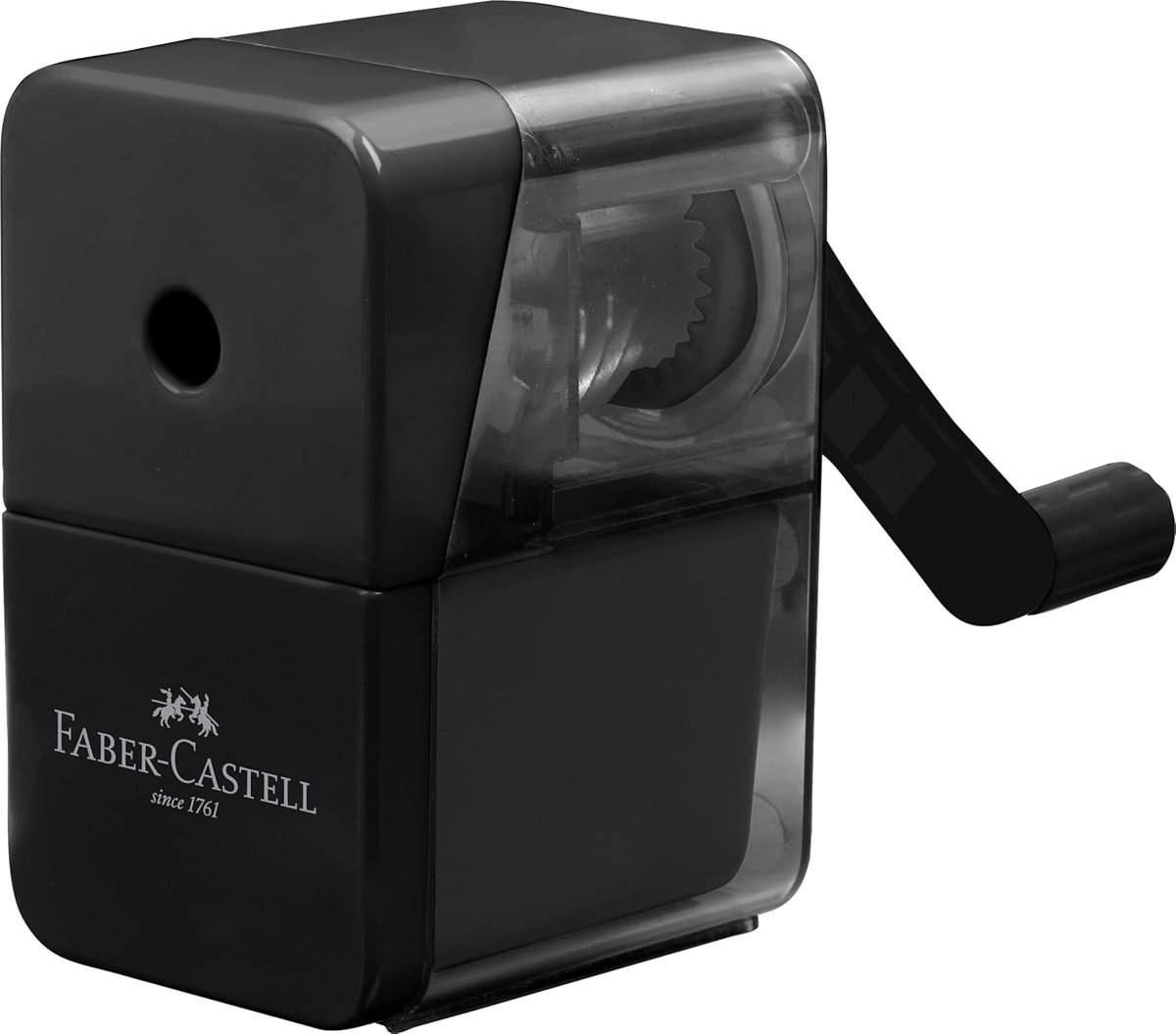 Faber-Castell Masaüstü Kollu Kalemtıraş, Siyah, 8.4 mm Çaplı, Çocuk Korumalı, Kurşun ve Boya Kalemleri İçin Uygun, Toplama Hazneli