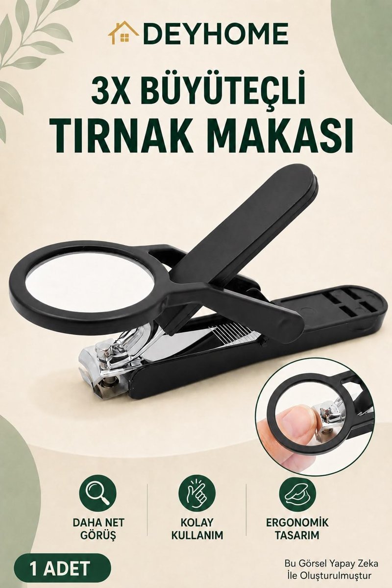 3X Büyüteçli Paslanmaz Çelik Tırnak Makası, Törpülü ve Sıçrama Önleyici, Rahat Tutuşlu Siyah