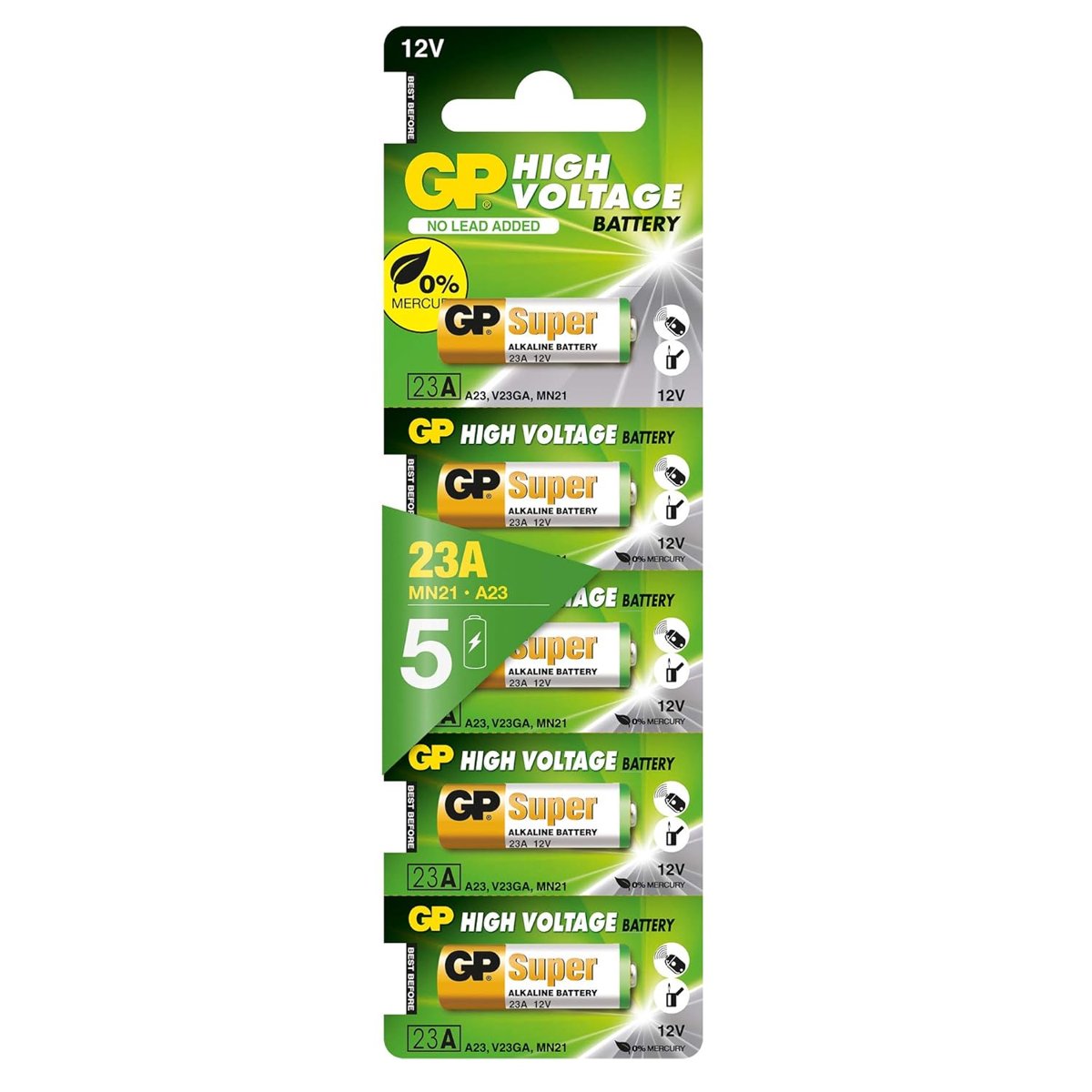 GP Batteries GP23A Süper Alkalin 23A/MN21/V23GA Boy Pil, 12 Volt, 5'li Kart, Bakır/Beyaz/Yeşil