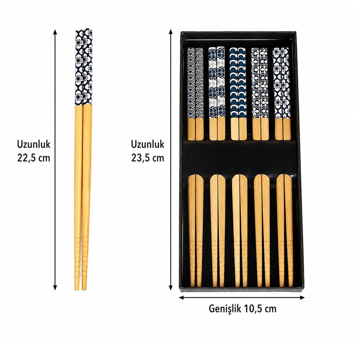 Valkyrie 5 Çift Doğal Ahşap Yemek Çubuğu Seti Japon Desenli Kaymaz Uçlu Kutulu 22,5cm Chopstick Seti
