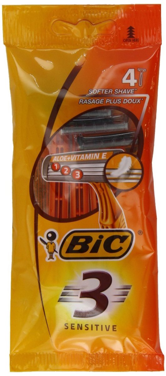 BIC 3 Sensitive Erkek Tıraş Bıçağı 4'lü Poşet (1 x 4 Adet), 3 Bıçaklı, Aloe Vera ile Zenginleştirilmiş Kayganlaştırıcı Jel Şerit