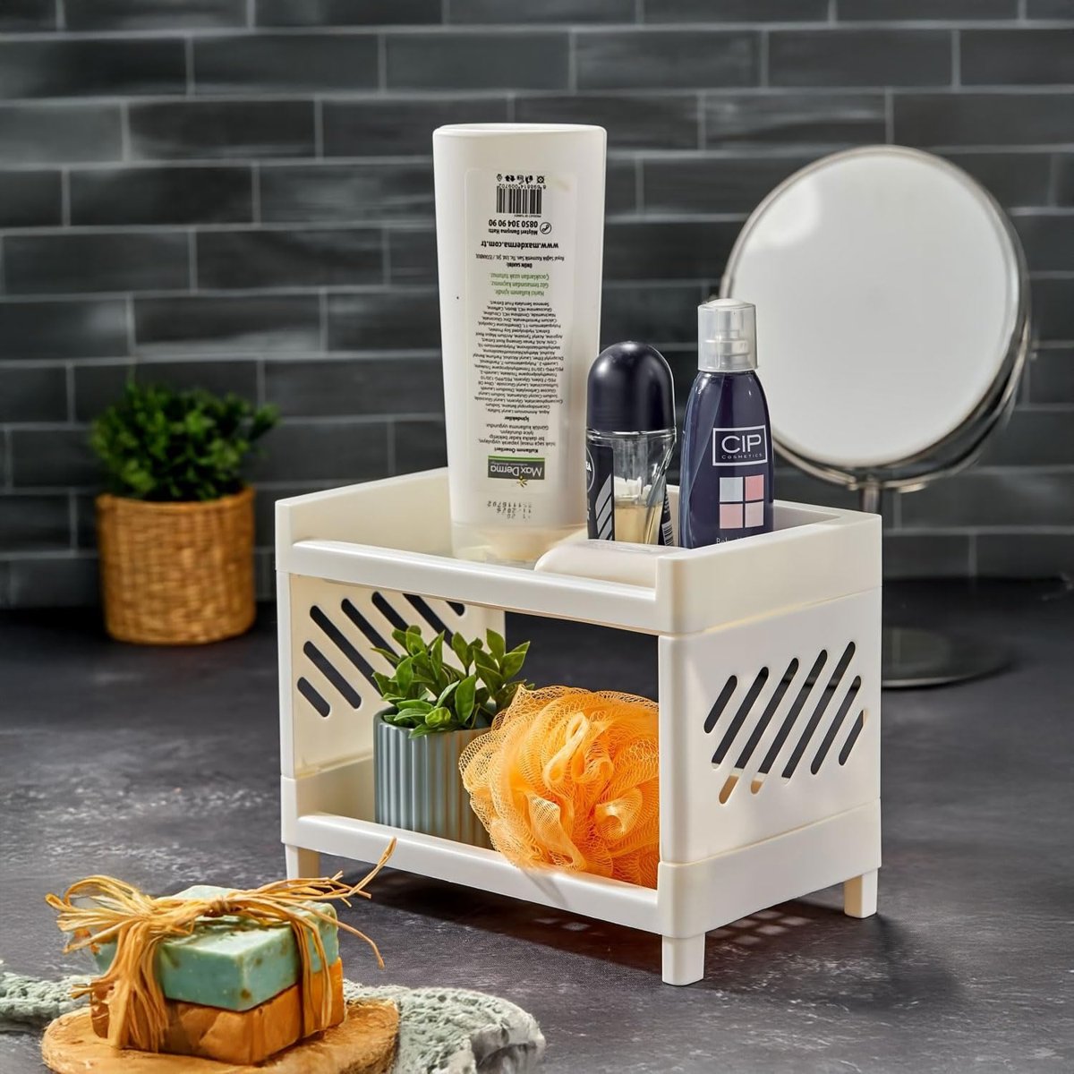 Deconox 2 Katlı Çok Amaçlı Makyaj Organizeri – Şeffaf Akrilik Takı & Kozmetik Düzenleyici | Banyo, Mutfak ve Çalışma Odası İçin Raf | Modern ve Yer Tasarruflu