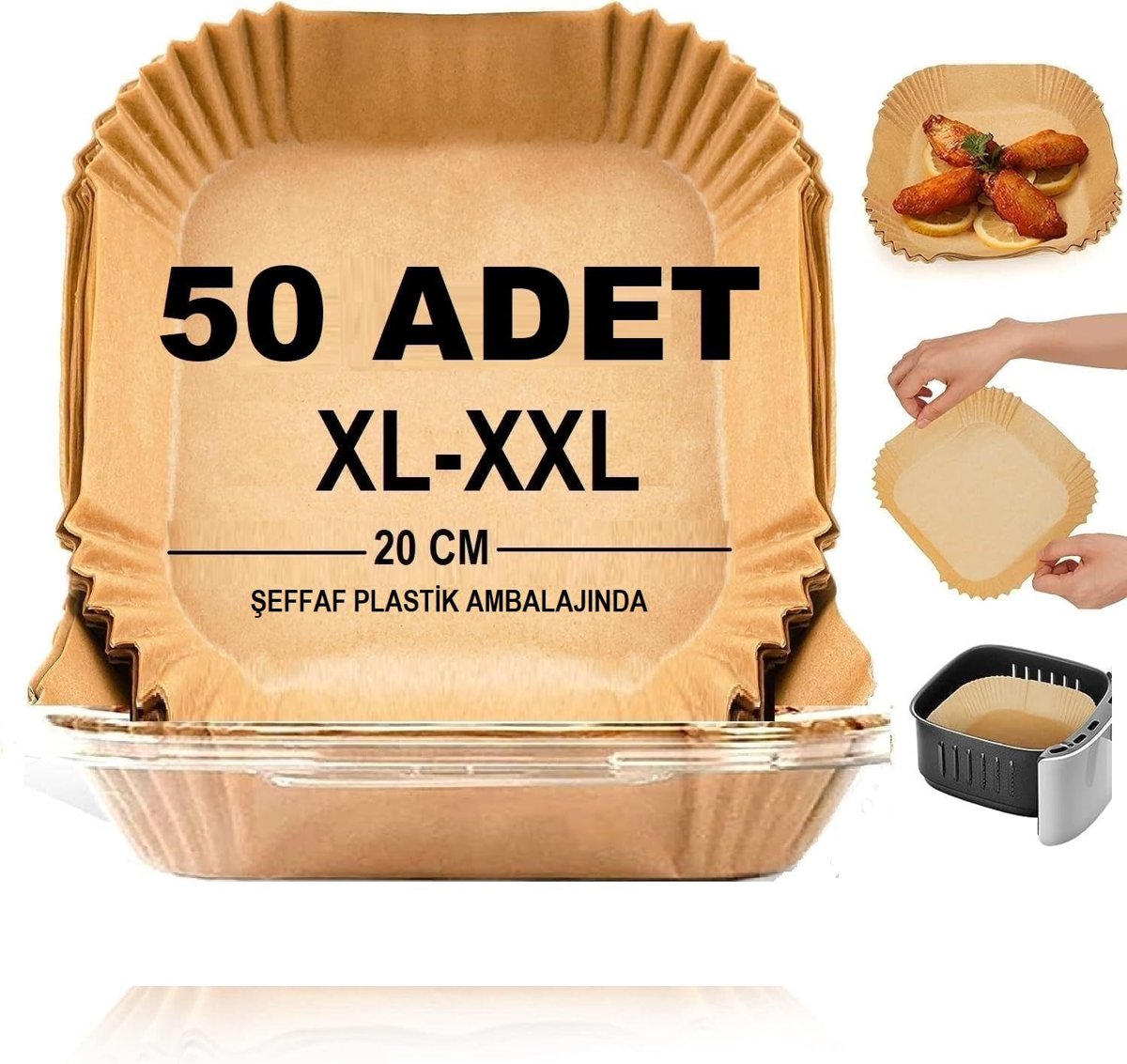 Baker Home Airfryer Pişirme Kağıdı,Xl-Xxl Büyük Boy, Kare, 50 Adet Hava Fritöz Parşömen Fırın Kağıdı