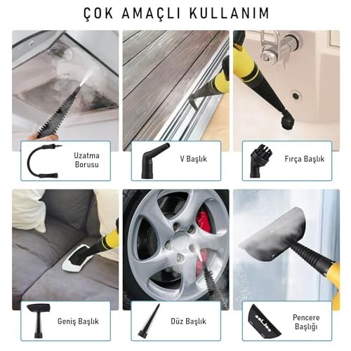Valkyrie 2500W El Tipi Buharlı Temizleyici – 3 Bar Basınç, 360° Döner Başlık, 9 Parça Aparatlı, Çok Amaçlı Kullanım