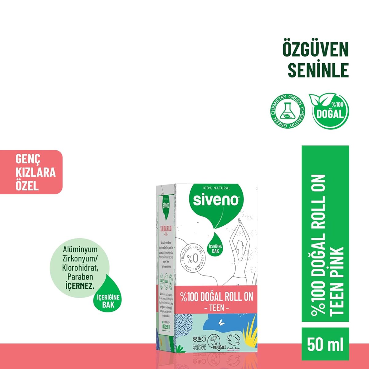 Siveno%100 Doğal Roll-On Teen Girl Genç Kız Deodorant Ter Kokusu Önleyici Bitkisel Lekesiz Vegan 50