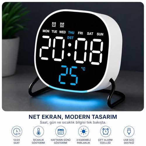 Valkyrie LED Dijital Masa Saati Mavi Derece Çift Alarm Sıcaklık Göstergesi 3 Kademe Parlaklık Modern Saat