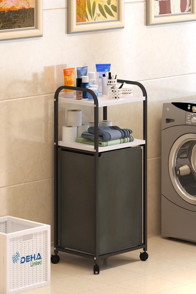 Dehalimited 2 RAFLI FRENLİ TEKERLEKLİ ÇAMAŞIR SEPETİ BANYO DOLABI KİRLİ SEPETLİ BANYO DÜZENLEYİCİ ÇAMAŞIRLIK Beyaz, Dehalimited