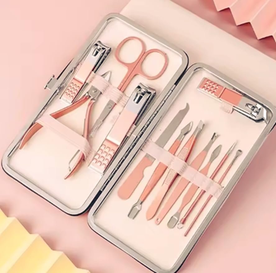 12 Parça Profesyonel Manikür Pedikür Seti, Paslanmaz Çelik Tırnak Bakım Seti, Rose Gold Taşınabilir