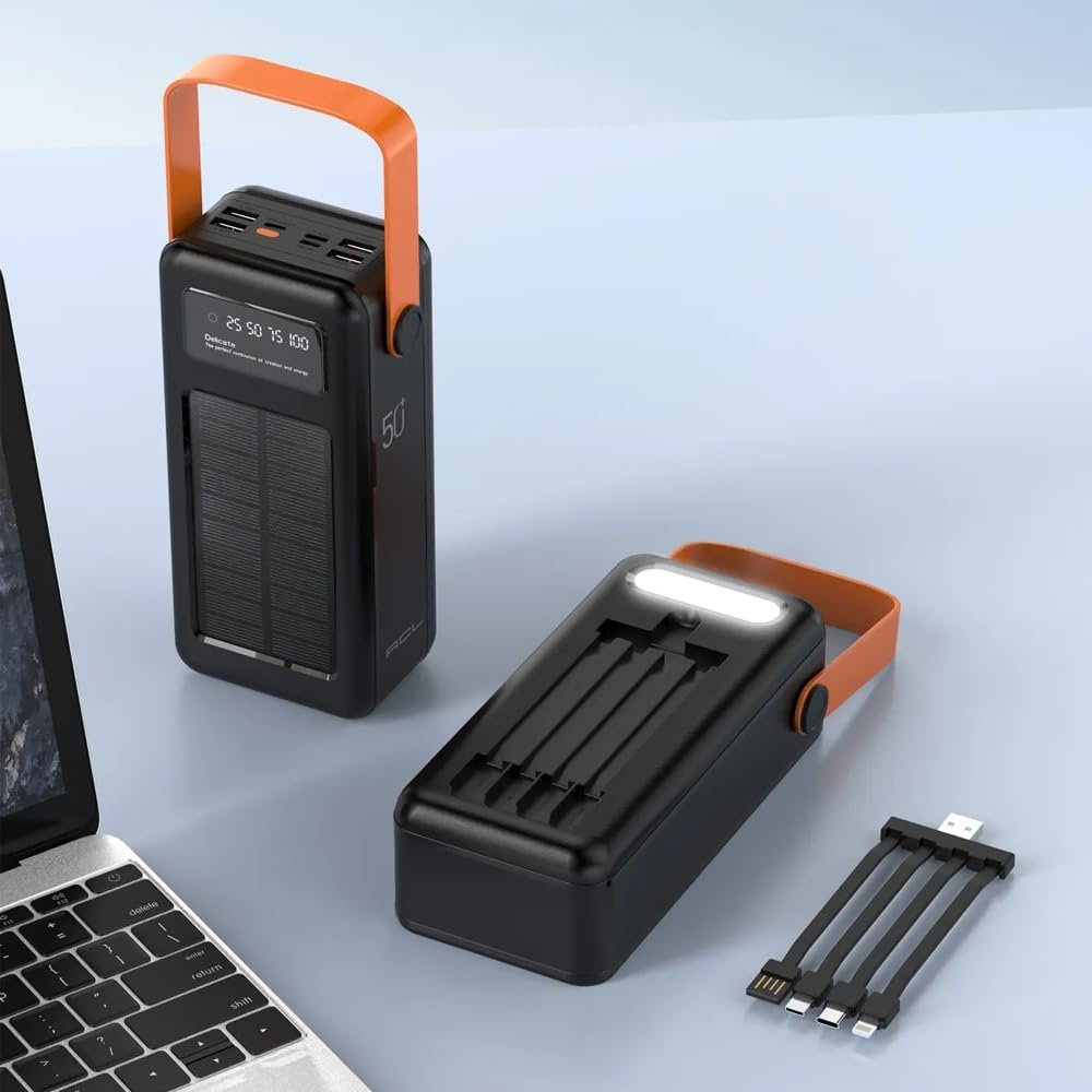 The Wlue Solar Powerbank, 50000 mAh, LCD Ekranlı, Işıklı, Hızlı Şarj, Kamp için