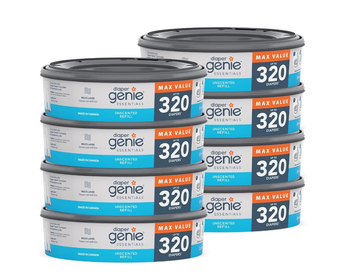 Diaper Genie Essentials Yuvarlak Yedek 8'li Paket | 2560'a Kadar Yenidoğan Bezi Tutar | Kokusuz Sürekli Film İçerir | Bebek Bezi Genie Komple ve İfade Kovaları ile Uyumlu