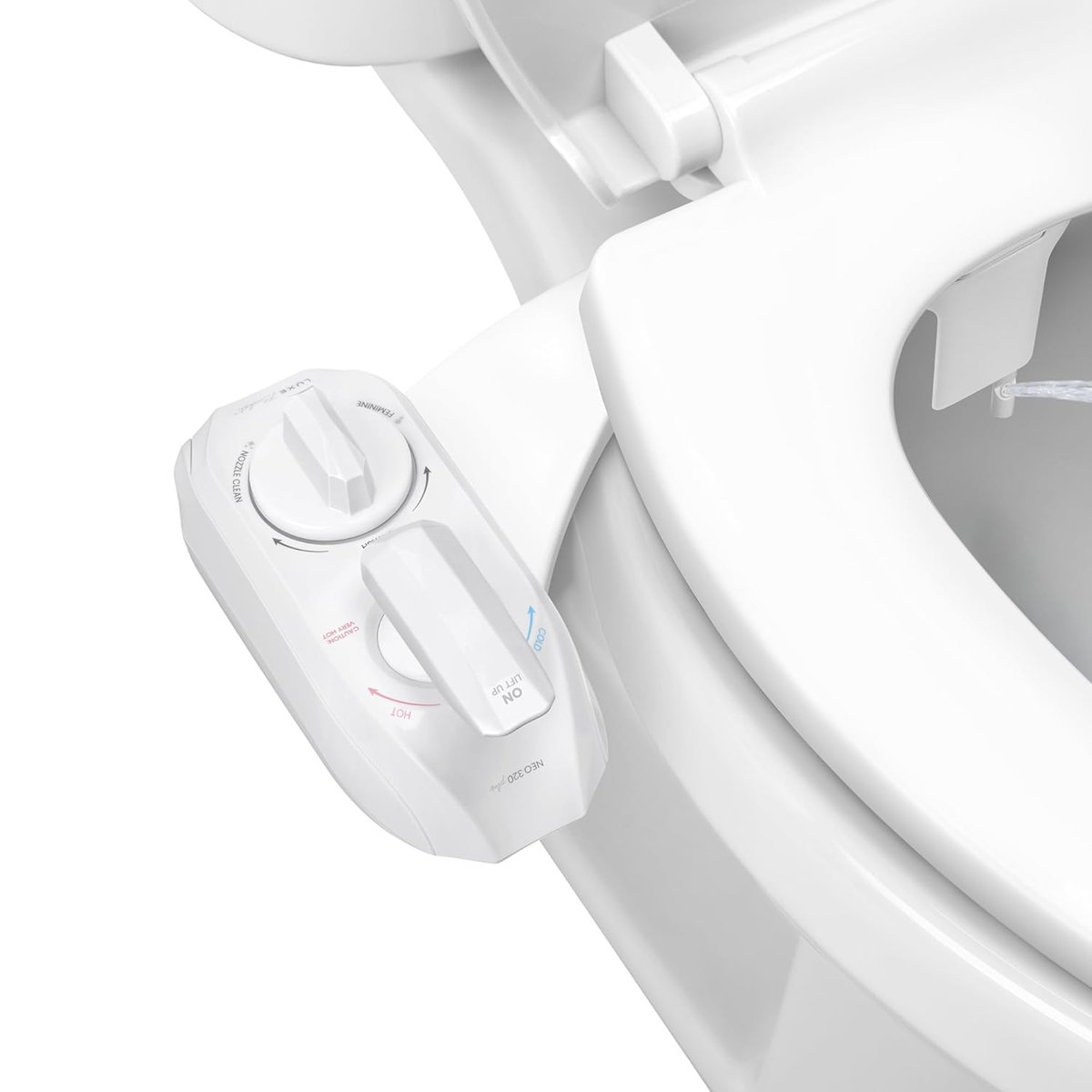LUXE Bidet NEO 320 Plus – Yeni Nesil Sıcak Su Bide Klozet Kapağı Eklentisi, Yenilikçi EZ-Kaldırma Menteşeleri, Çift Nozullu ve 360° Kendini Temizleme Modu (Beyaz)