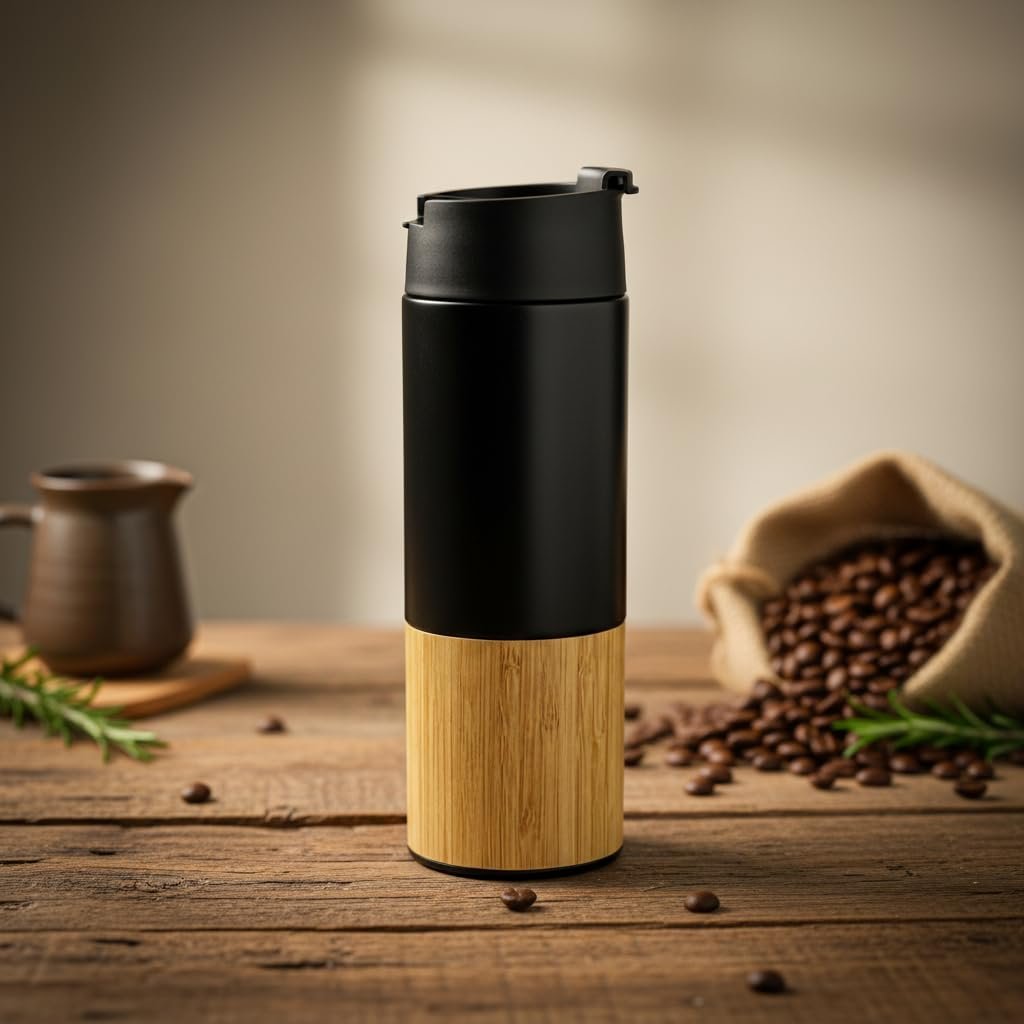 Deconox 450 ml Bambu Kaplamalı Çelik Termos - Sıcak ve Soğuk Tutucu Sızdırmaz Mat Siyah Kahve Termosu