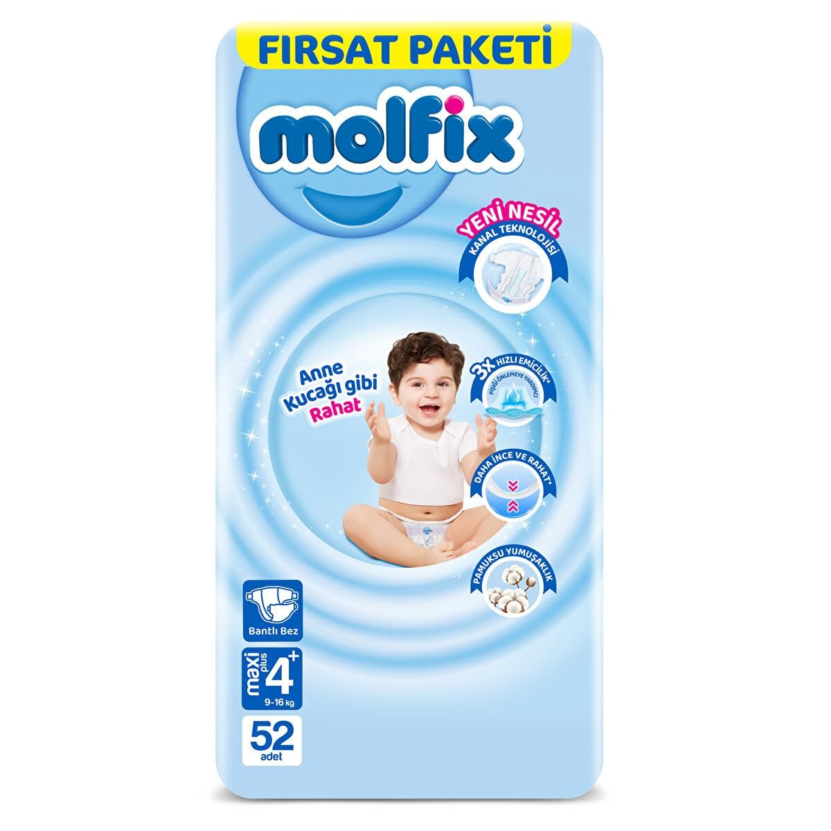 Molfix 3D Bebek Bezi 4+ Beden (9-16 Kg) Maxiplus, Fırsat Paketi, 52 Adet