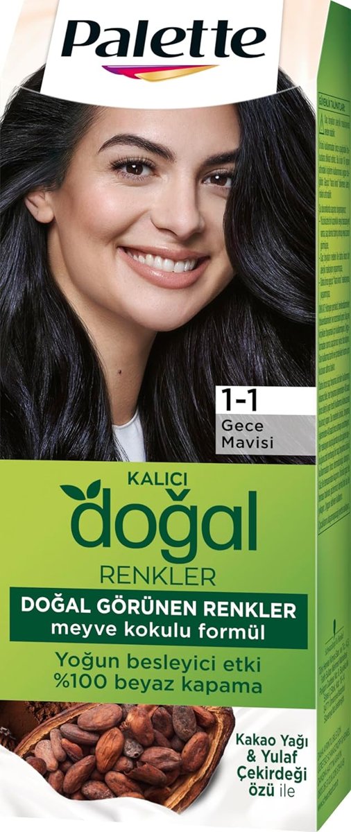 Palette Kalıcı Doğal Renkler 1-1 Gece Mavisi Kakao Yağı  Yulaf Çekirdeği Özlü Saç Boyası