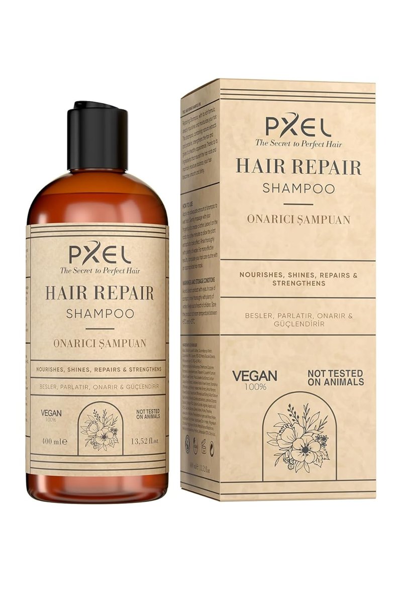 PXEL Saç Onarıcı Şampuan 400 ML – Bitkisel Özler ve Amino Asit Kompleksi ile Yıpranmış Saçların Onarılmasına Yardımcı – Yıpranmış Saçlar için Günlük Kullanıma Uygun – Vegan Formül