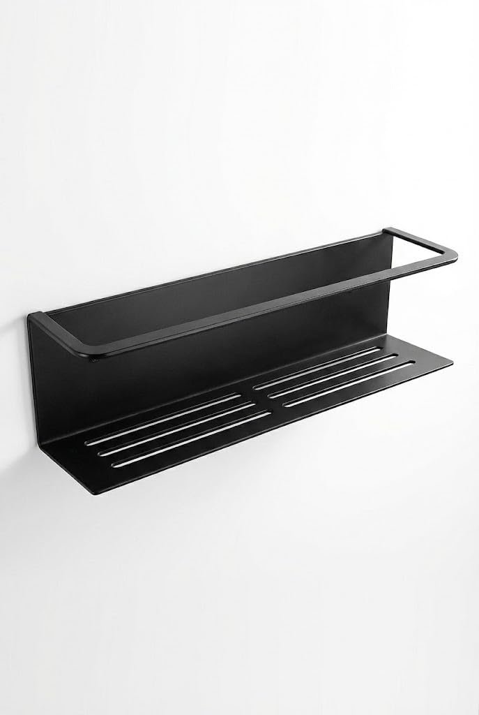Orret Home Yapışkanlı Banyo Organizer Rafı – Paslanmaz Siyah Metal Duvar Tipi Raf – Delmeden Montajl