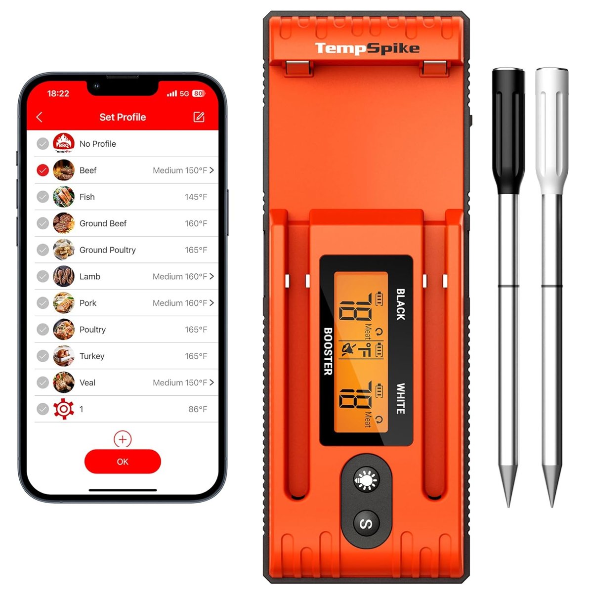 ThermoPro TP962 Twin TempSpike Tam Kablosuz Çift Problu Akıllı Et Termometresi, 150m Menzilli Bluetooth Barbekü ve Fırın Isı Ölçer