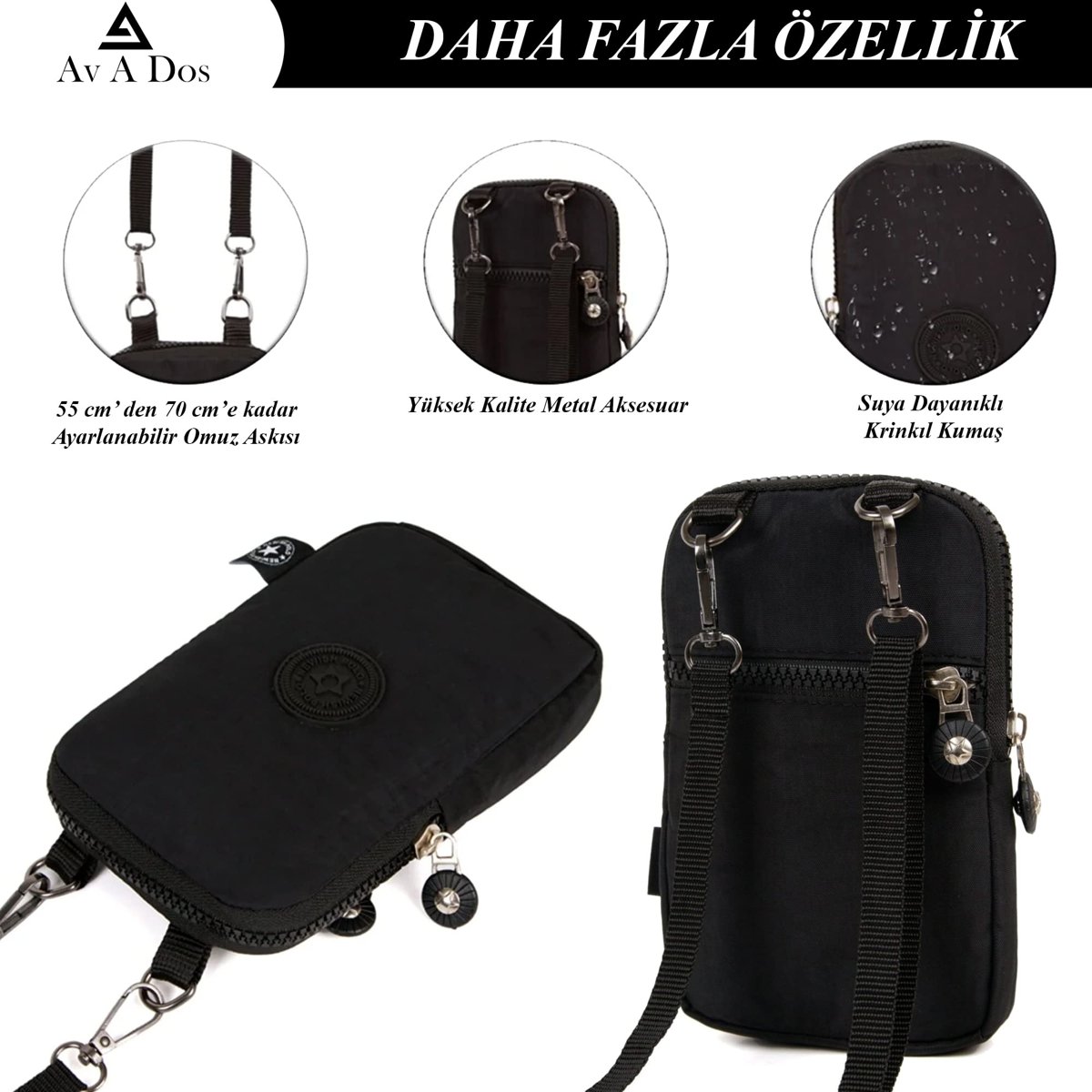 Av A Dos Telefon Çantası, Çapraz Askılı Mini Çanta, Kadın Siyah Su Geçirmez Krinkıl Mini Telefon Cüzdan Çapraz Askılı Çapraz Omuz Çanta Bel