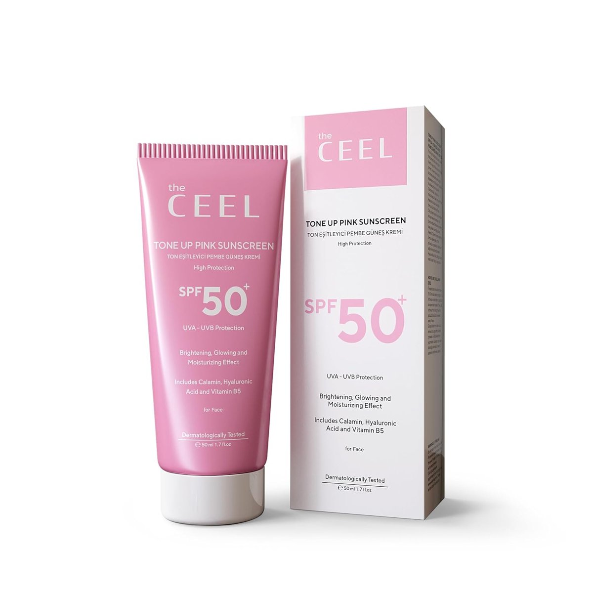 The Ceel SPF 50+ Pembe Ton Eşitleyici Güneş Kremi 50 ml - Glutatyon ve Hyaluronik Asit İçeren UVA/UVB Koruyucu, Aydınlatıcı Tone Up Pink Sunscreen, Nemlendirici Yüz Güneş Kremi ve Makyaj Bazı