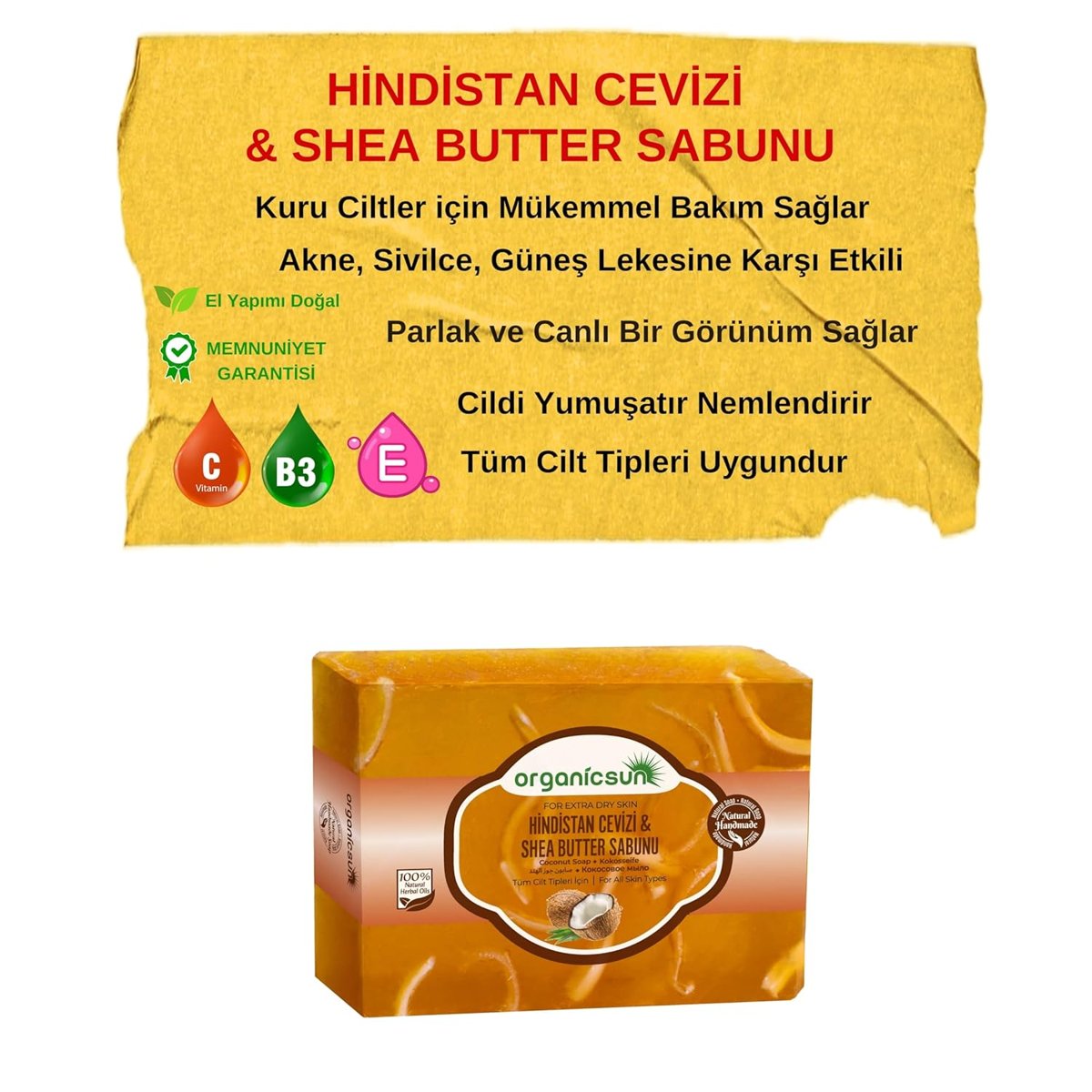 Organicsun Doğal Hindistan Cevizi  Shea Butter Sabunu 140 Gr 1 Adet Tüm Cilt Tipleri İçin Besleyici