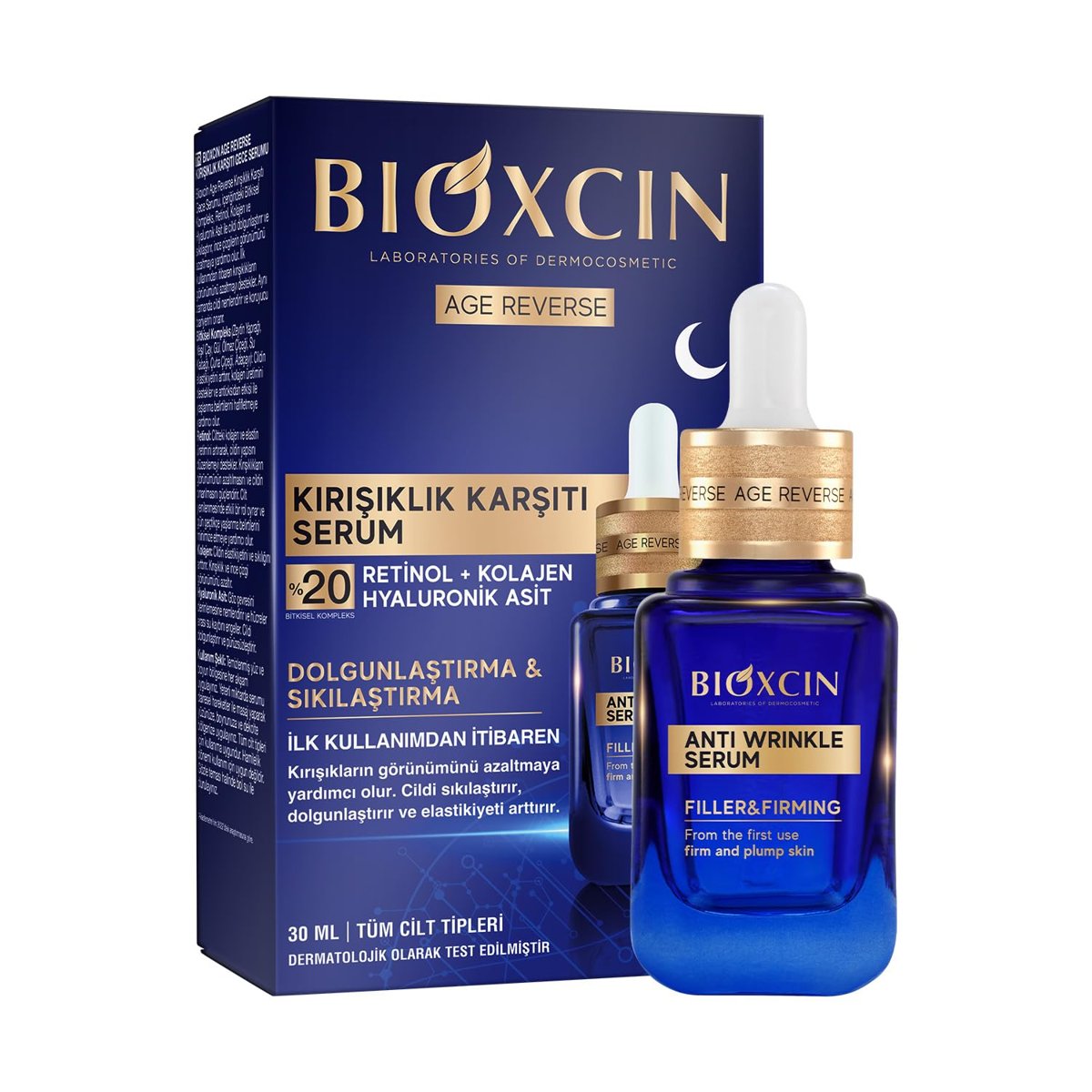 Bioxcin Age Reverse Gece Serumu 30 ml –%20 Retinol, Kolajen, Hyaluronik Asit ve Bitkisel Kompleks İçerikli – Kırışıklık Karşıtı ve Sıkılaştırıcı Cilt Serumu