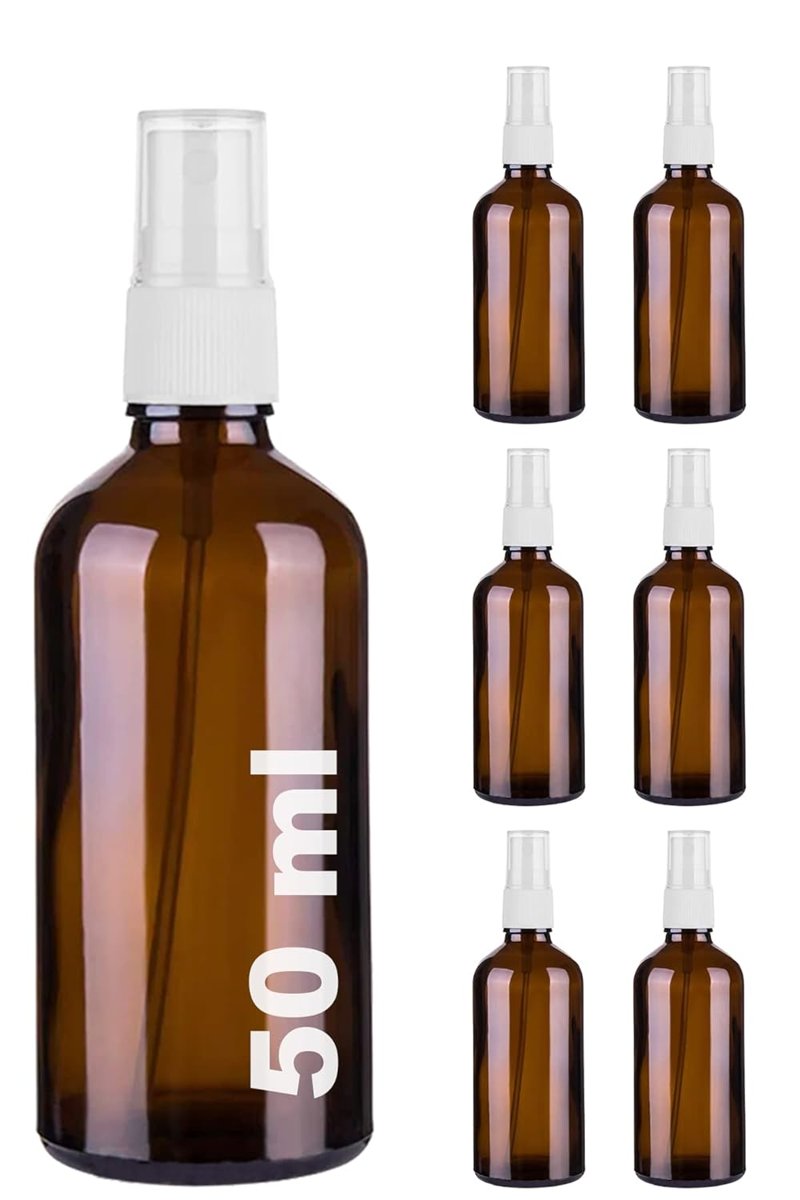 Afracam 50 ml Beyaz Spreyli Amber Cam Şişe 50 cc Sızdırmaz Kapaklı Fısfıs Kahverengi Cam Şişe 6 Adet