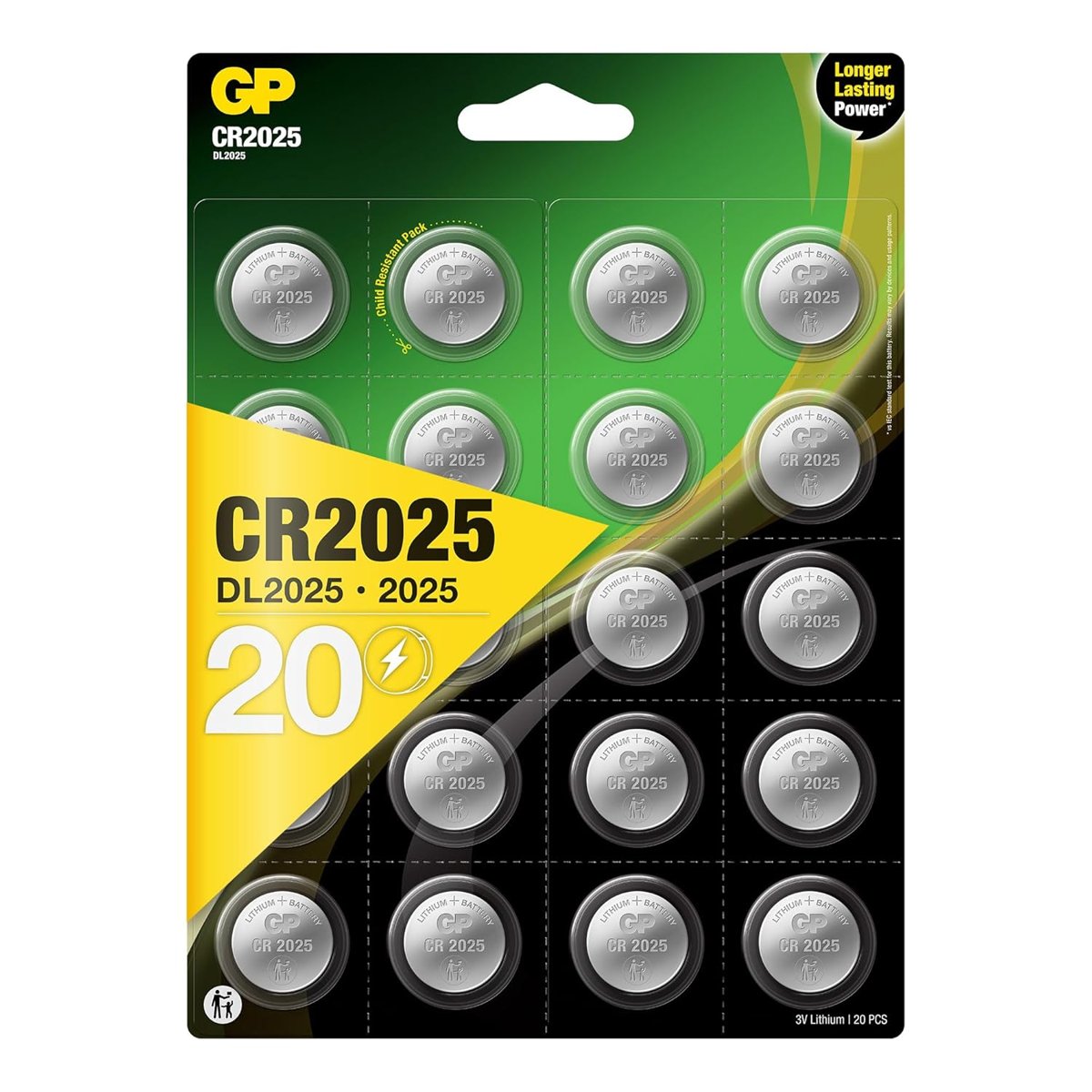 GP Batteries CR2025 2025 Boy Lityum Düğme Pil, 3 Volt, 20'li Kart, Gri